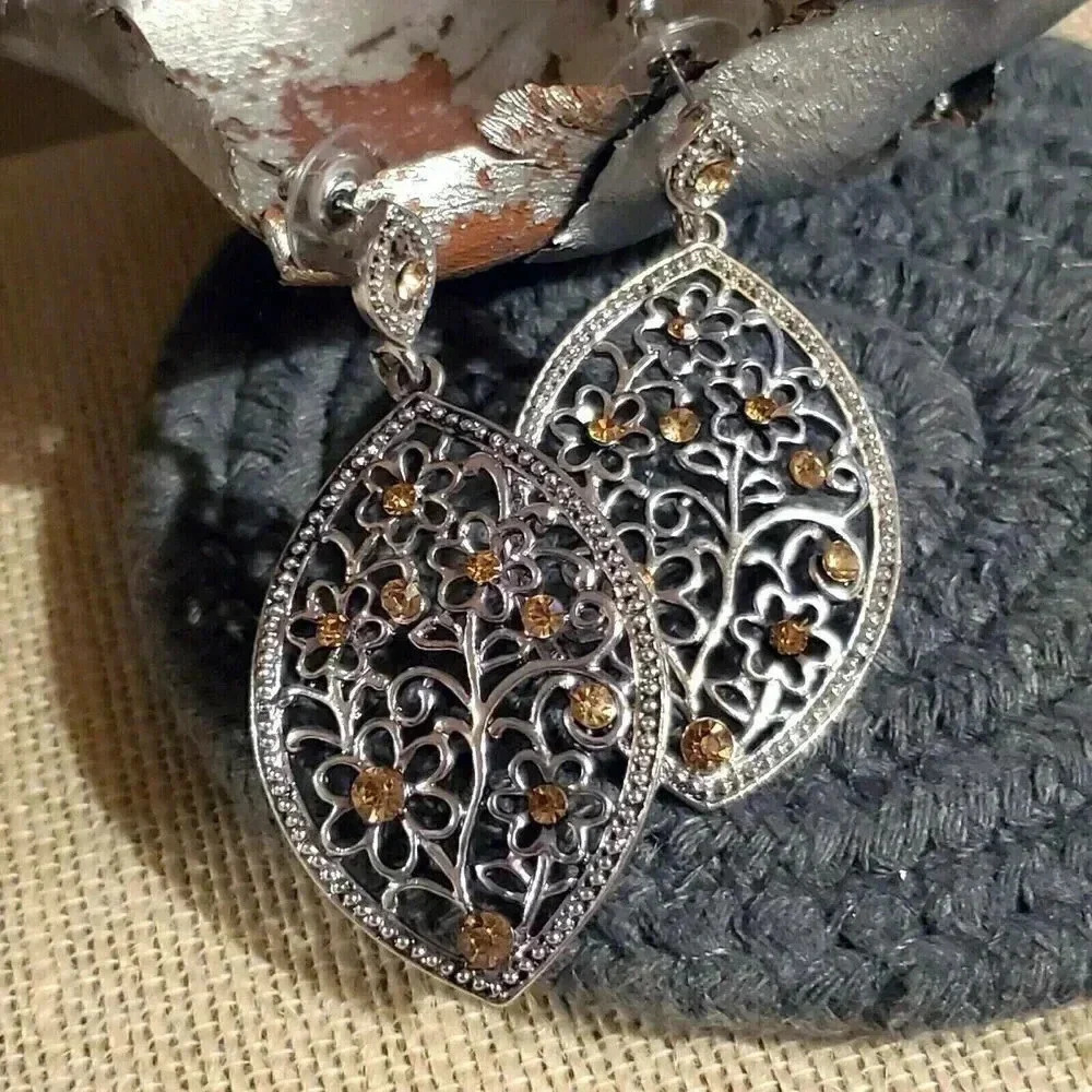 Vintage Marquise Citrine Rhinestone Silver Filigree Earrings